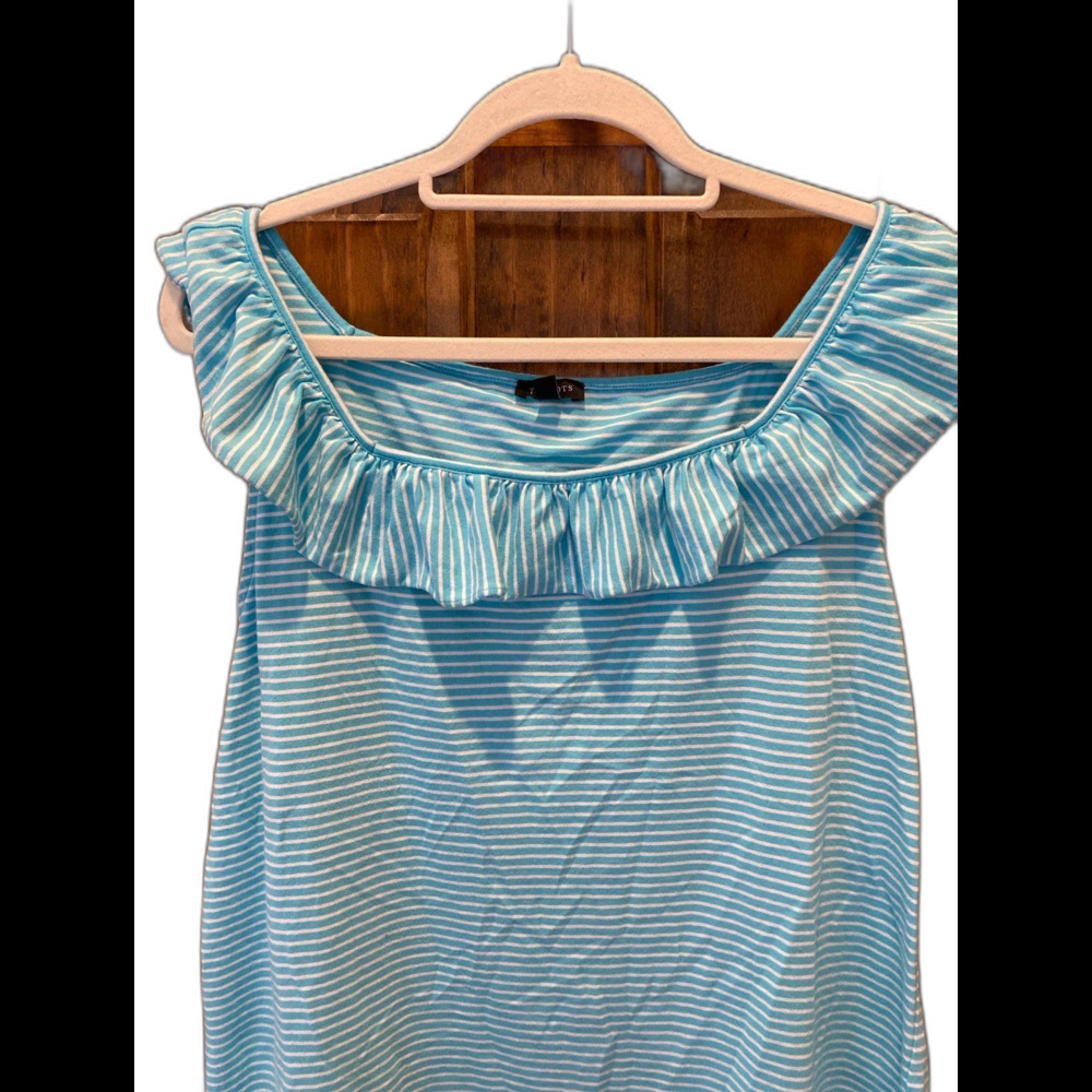 Talbots Tank Top Plus Size XL Turquoise Blue Striped Ruffle Neckline Summer Cool